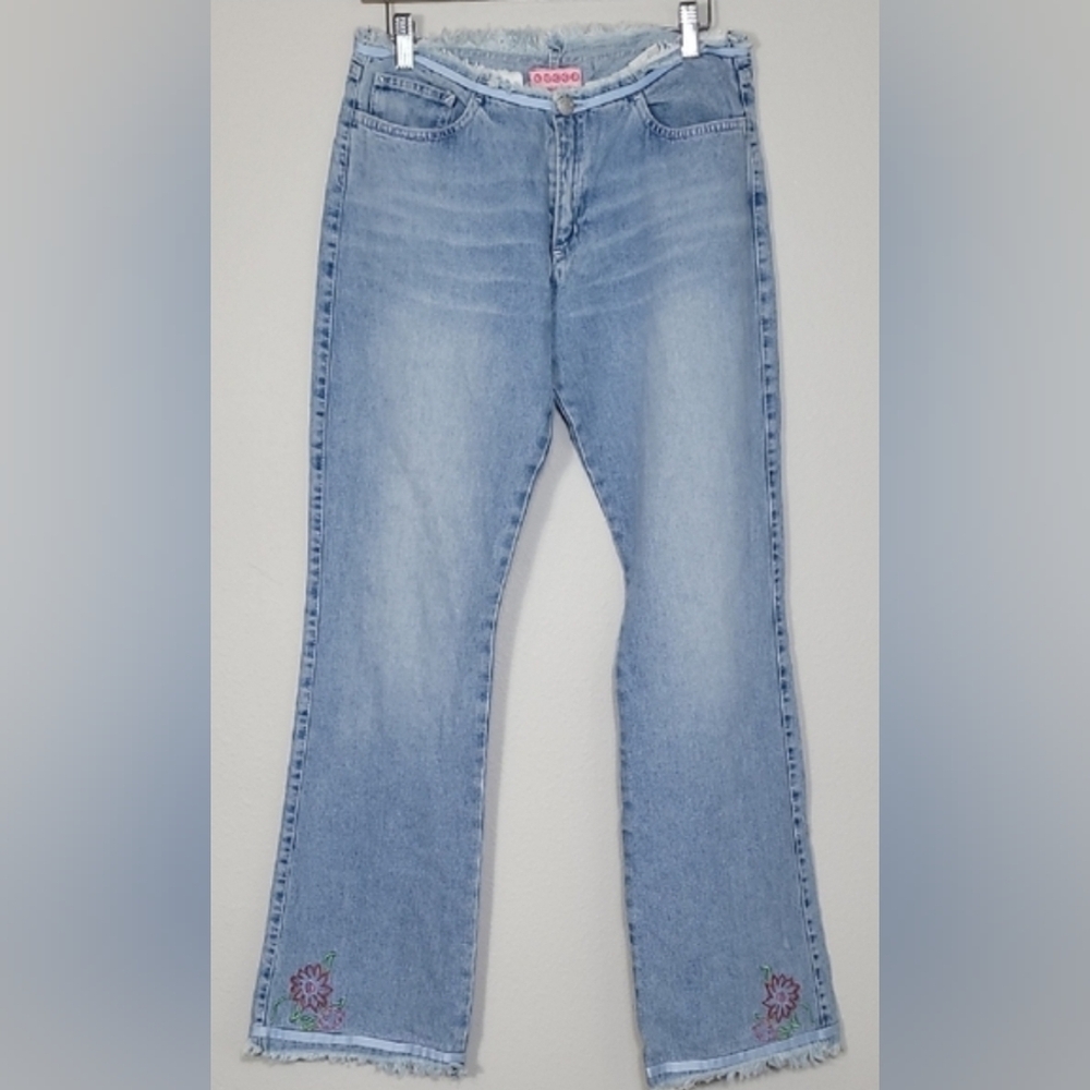 Y2K KOCCA Embroidered Floral Womens Jeans Size 30 Fringe 2000s Bootcut Flare